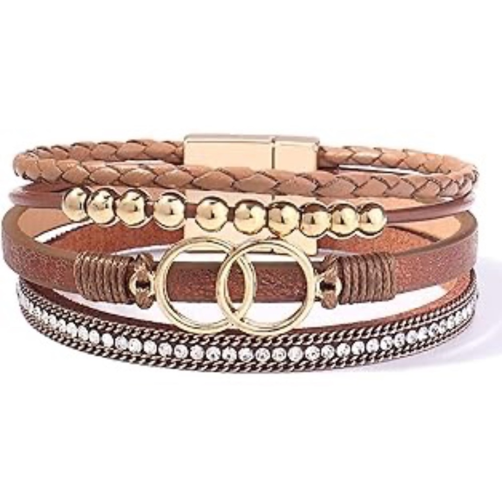 Boho Wrap Bracelets Leather Cuff Bangle Gold Beaded Bracelets Brown